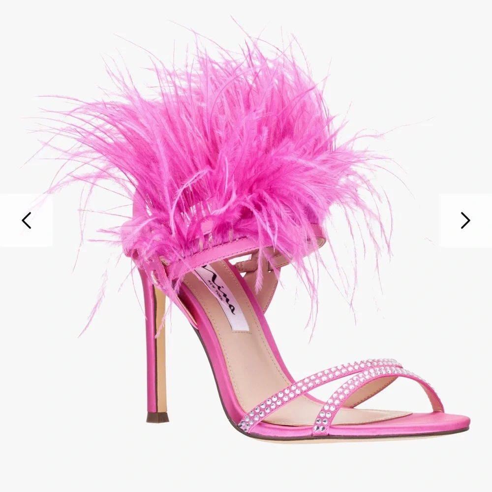 Nina Vibrant Pink Feathered Heels - Picture 1 of 6